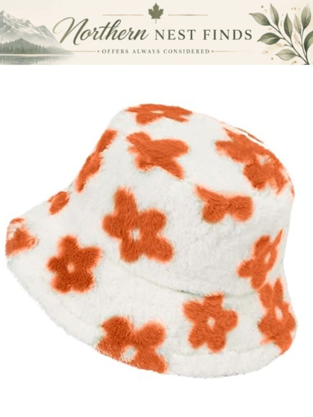 Faux Fur Bucket Hat Floral Plush Warm Winter Fisherman Cap